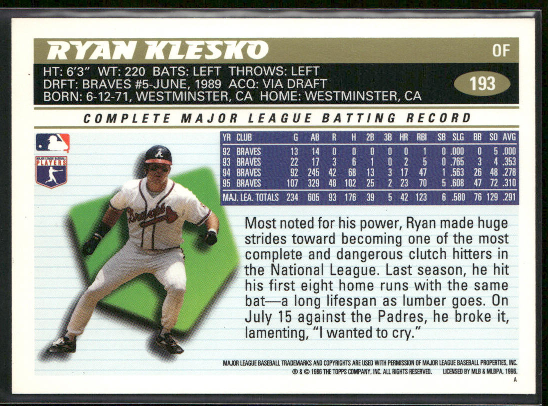 Ryan Klesko 1996 Topps #193 Atlanta Braves