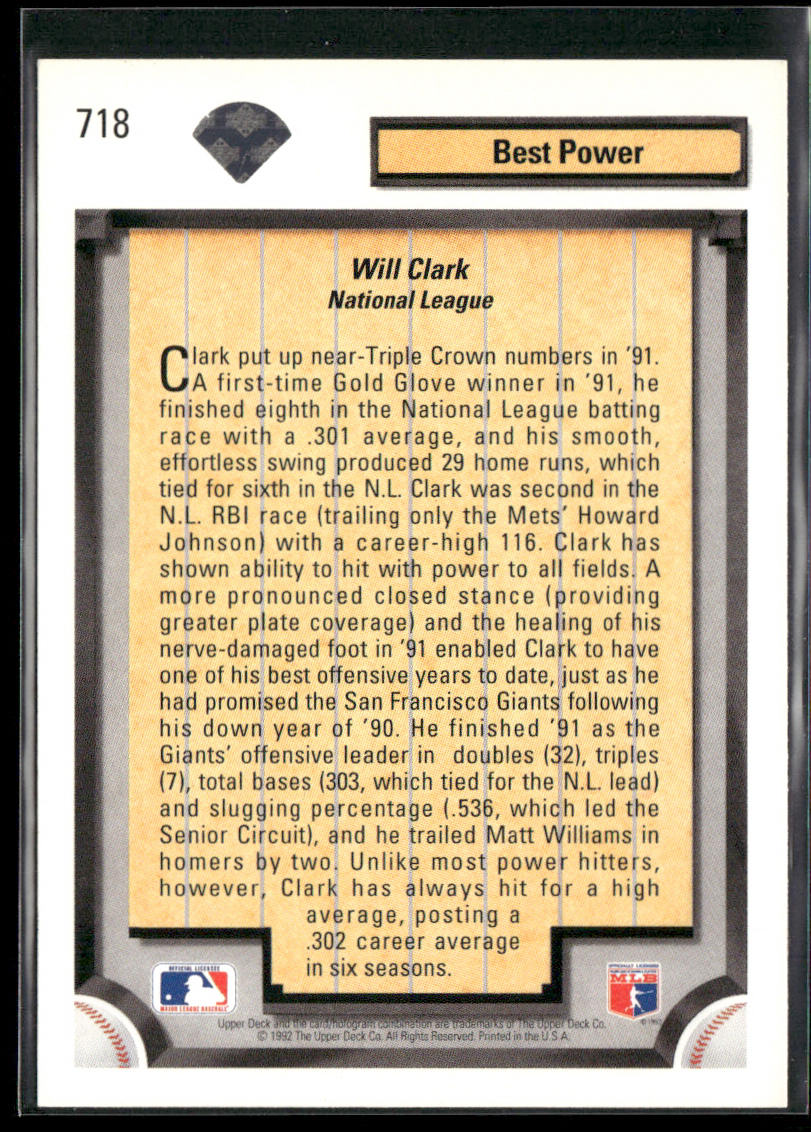 Will Clark 1992 Upper Deck #718 San Francisco Giants