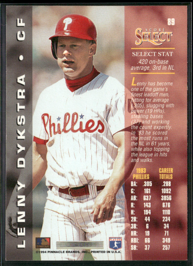 Lenny Dykstra 1994 Select #89 Philadelphia Phillies