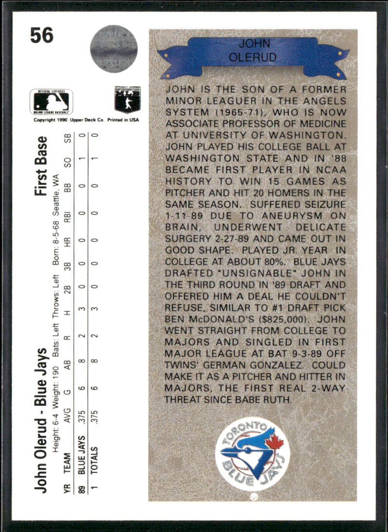 John Olerud 1990 Upper Deck #56 RC Toronto Blue Jays
