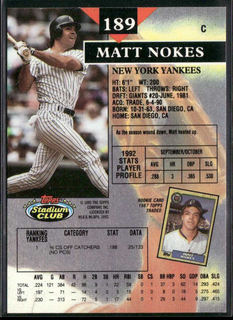 Matt Nokes 1993 Stadium Club #189 New York Yankees