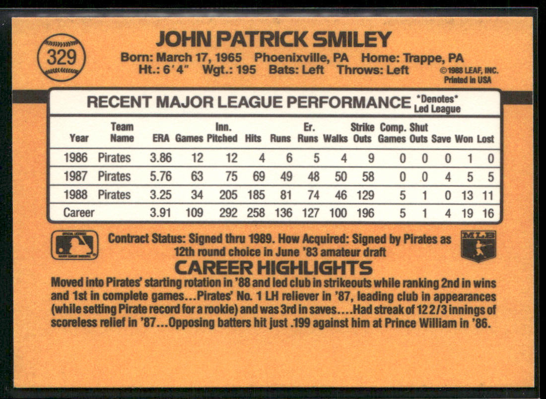 John Smiley 1989 Donruss #329 Pittsburgh Pirates