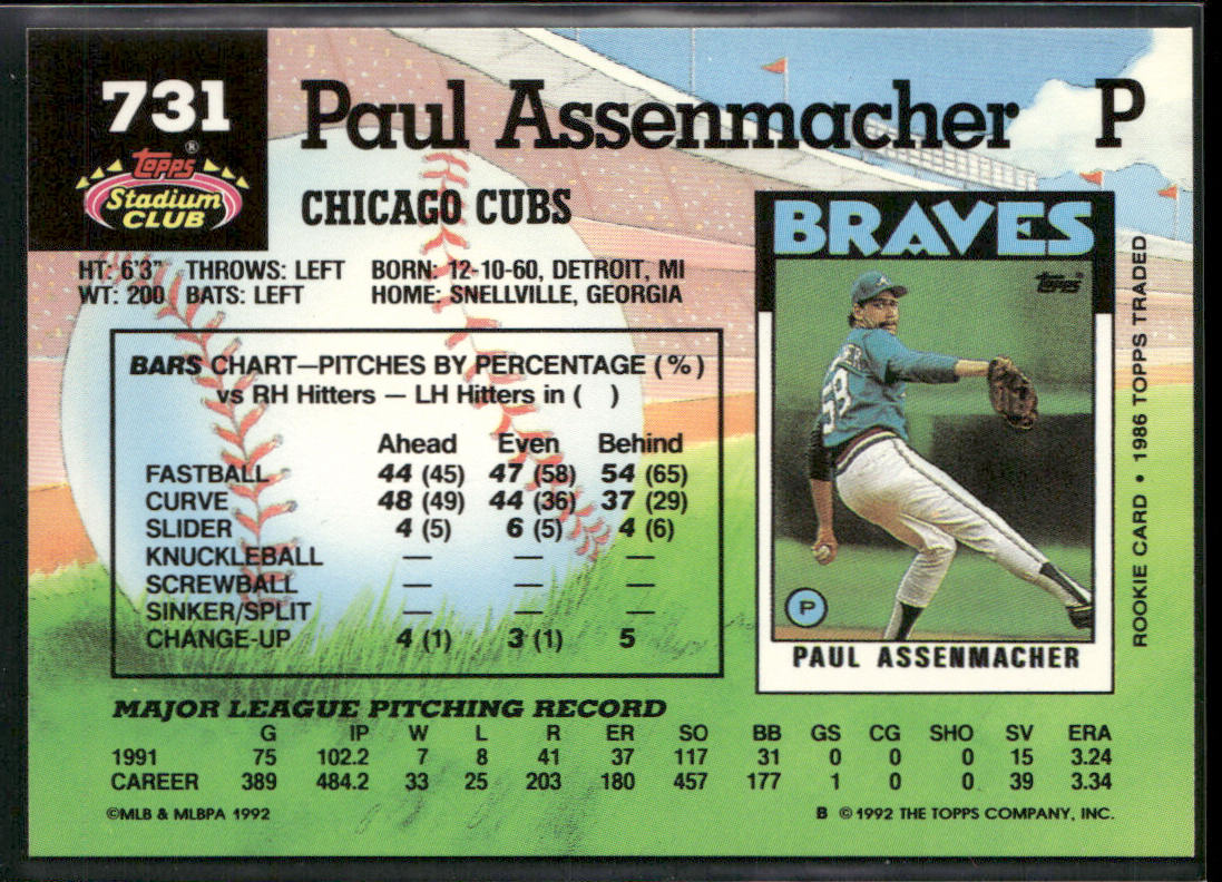 Paul Assenmacher 1992 Stadium Club #731 Chicago Cubs