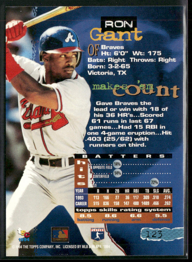 Ron Gant 1994 Stadium Club #123 Atlanta Braves