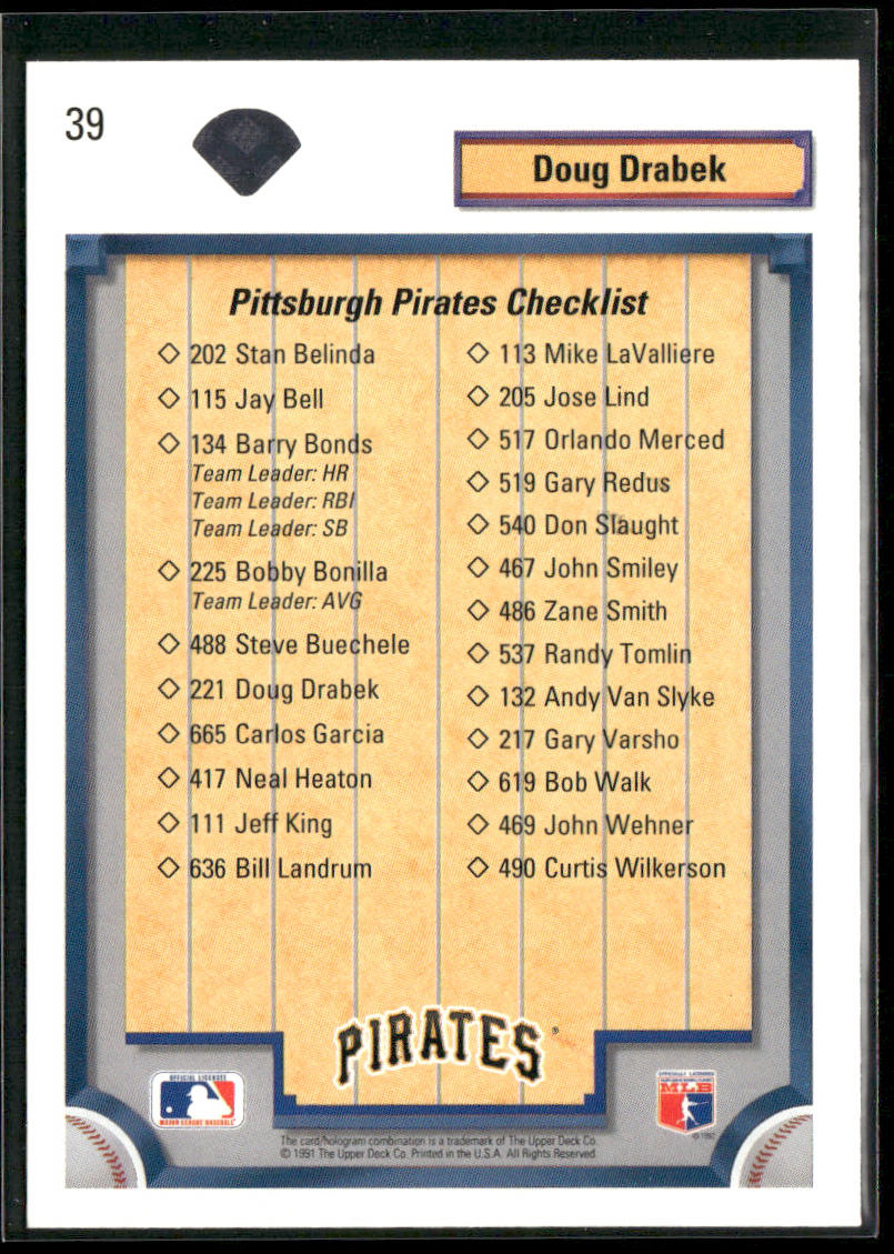 Doug Drabek 1992 Upper Deck #39 Pittsburgh Pirates