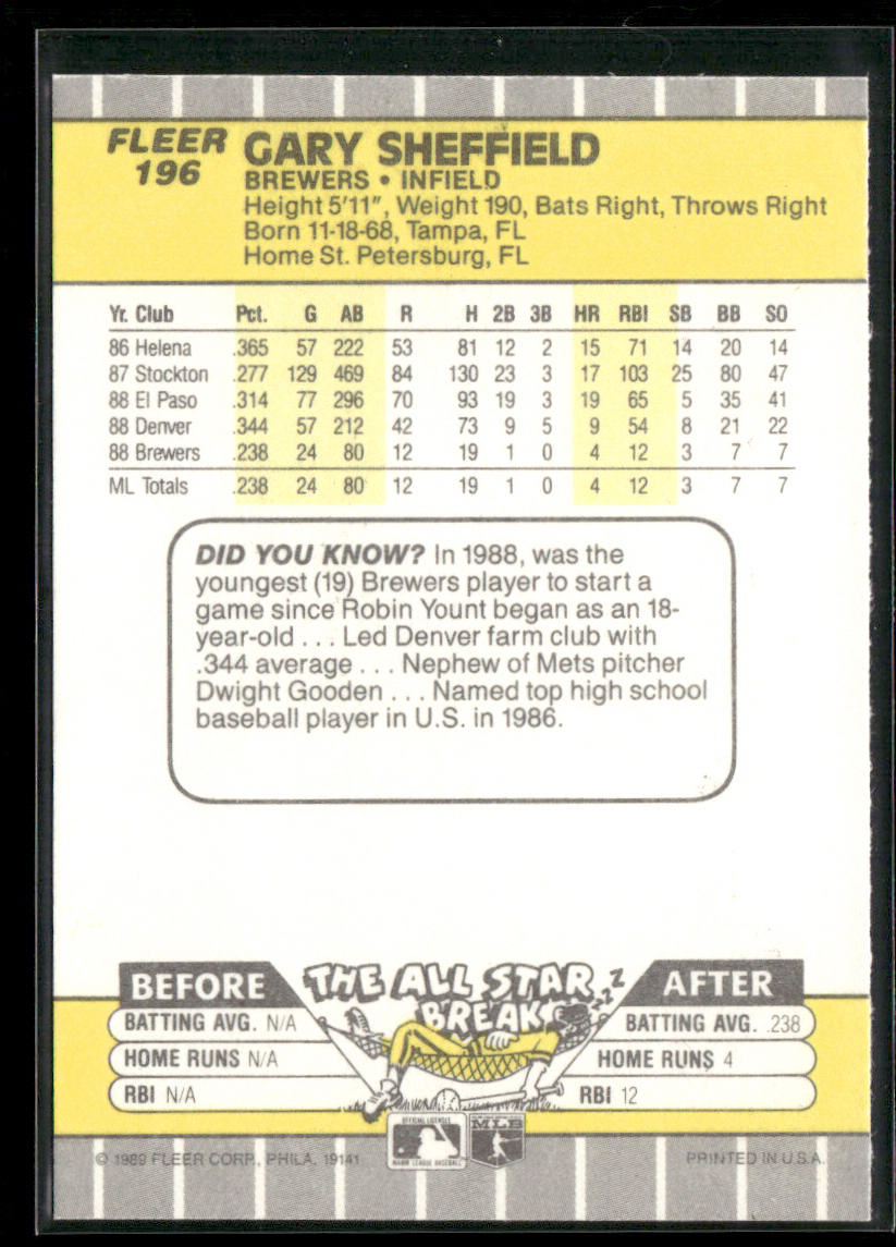 Gary Sheffield 1989 Fleer #196 RC Milwaukee Brewers