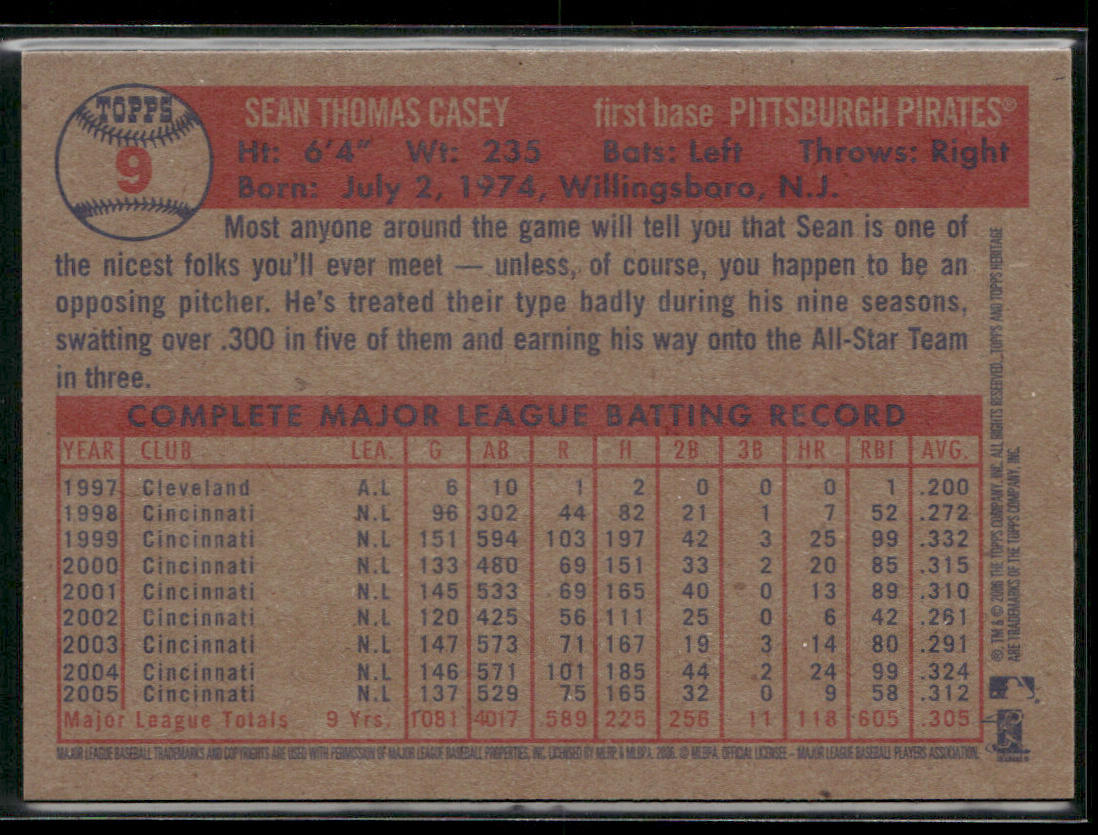 Sean Casey 2006 Topps Heritage #9 Pittsburgh Pirates