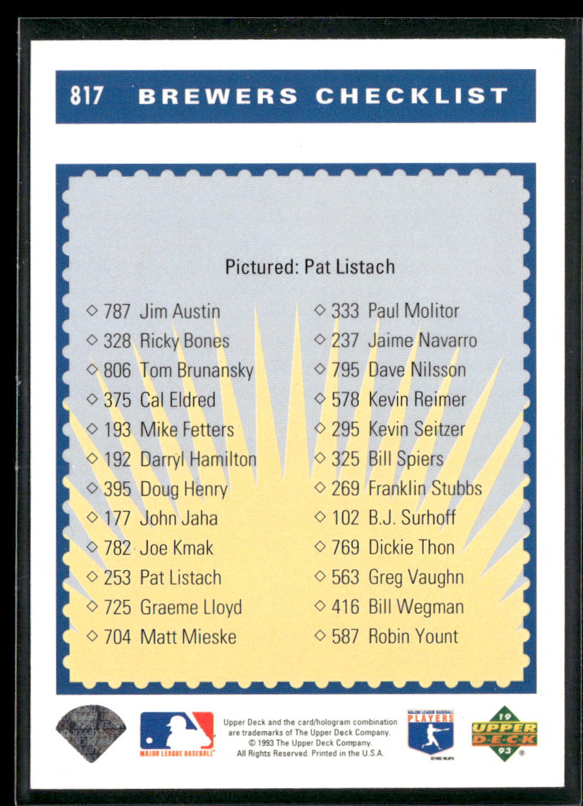 Pat Listach 1993 Upper Deck #817 Milwaukee Brewers