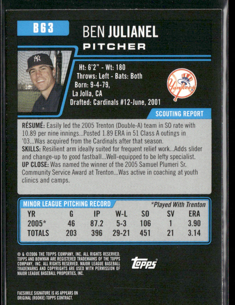 Ben Julianel 2006 Bowman Prospects #B63 New York Yankees