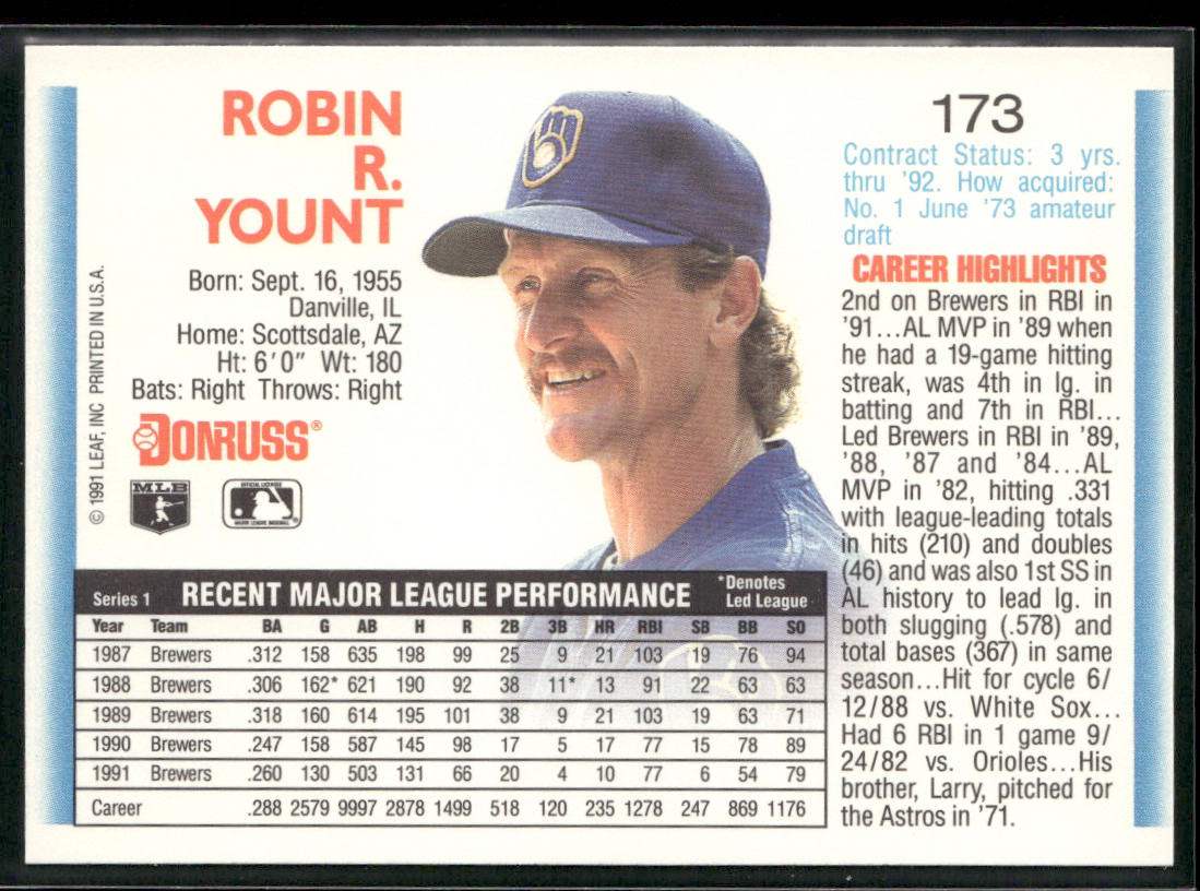 Robin Yount 1992 Donruss #173 Milwaukee Brewers