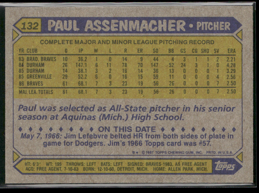 Paul Assenmacher 1987 Topps #132 RC Atlanta Braves