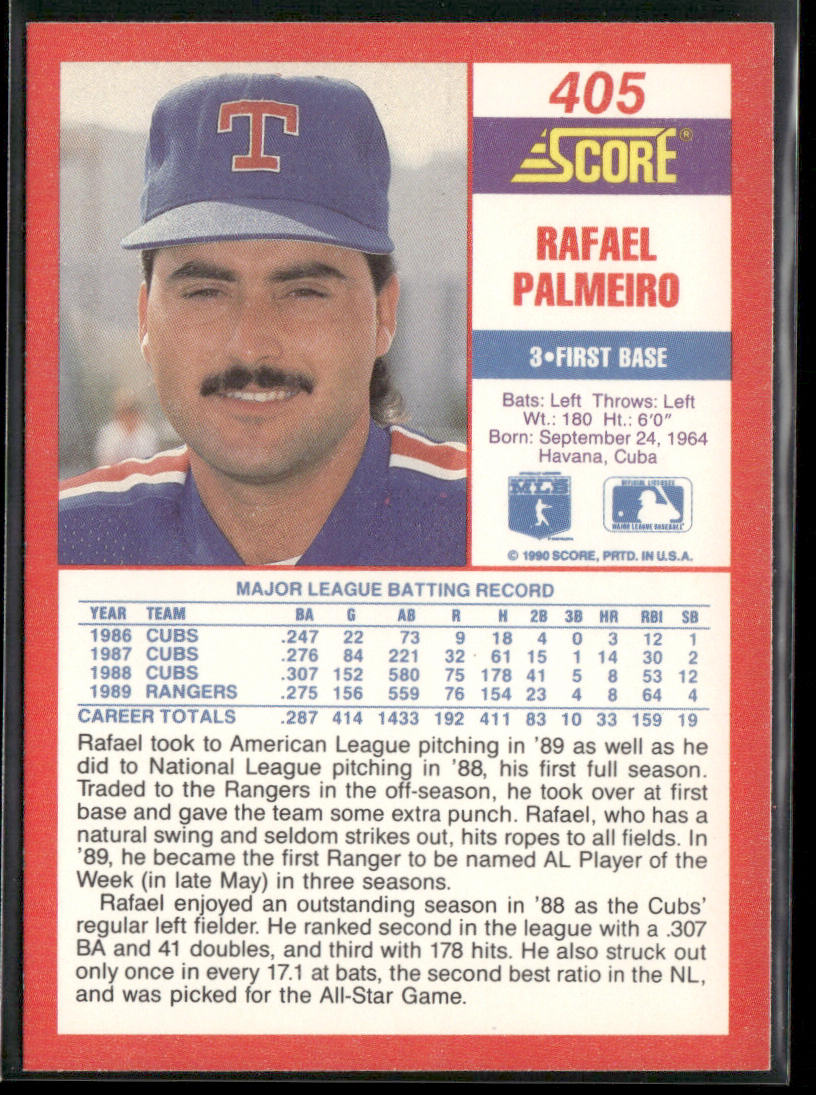 Rafael Palmeiro 1990 Score #405 Texas Rangers