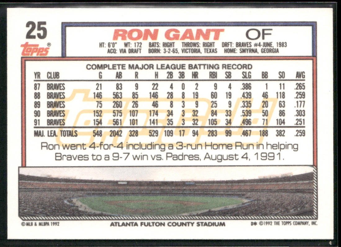 Ron Gant 1992 Topps Gold Winners #25 Atlanta Braves