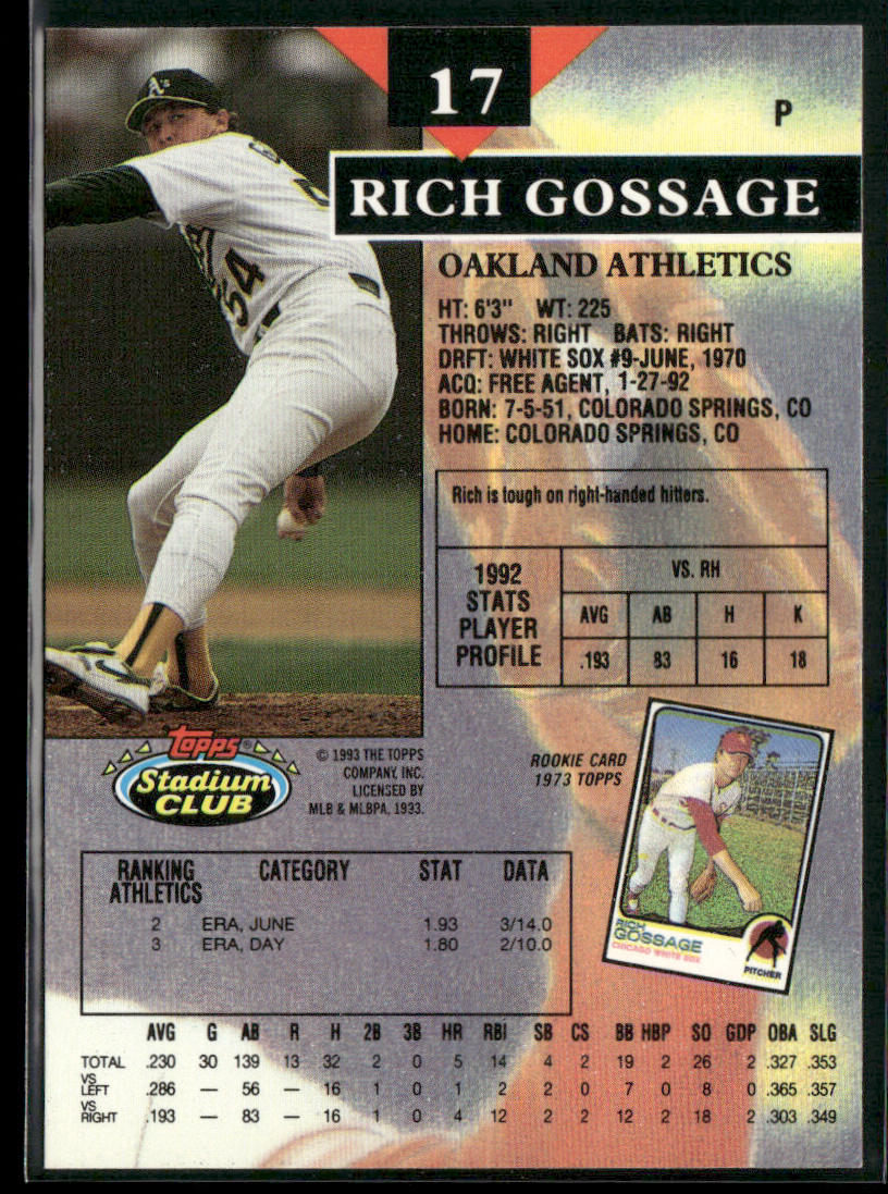 Rich Gossage 1993 Stadium Club #17 Oakland Athletics