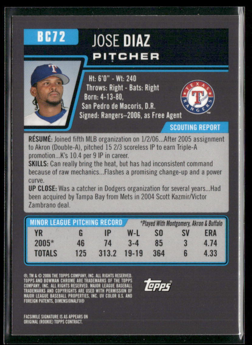 Jose Diaz 2006 Bowman Chrome Prospects #BC72 Texas Rangers