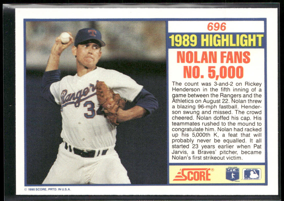 Nolan Ryan 1990 Score #696 Texas Rangers back