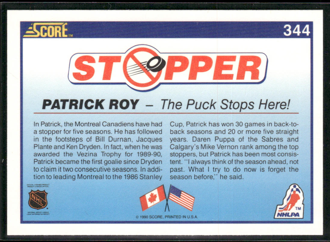 Patrick Roy 1990-91 Score Canadian #344 Montreal Canadiens
