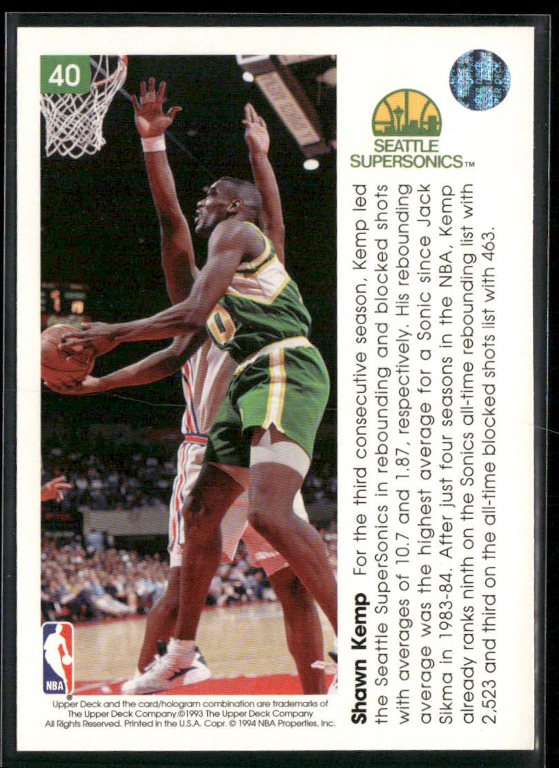 Shawn Kemp 1993-94 Upper Deck Pro View #40 Seattle SuperSonics
