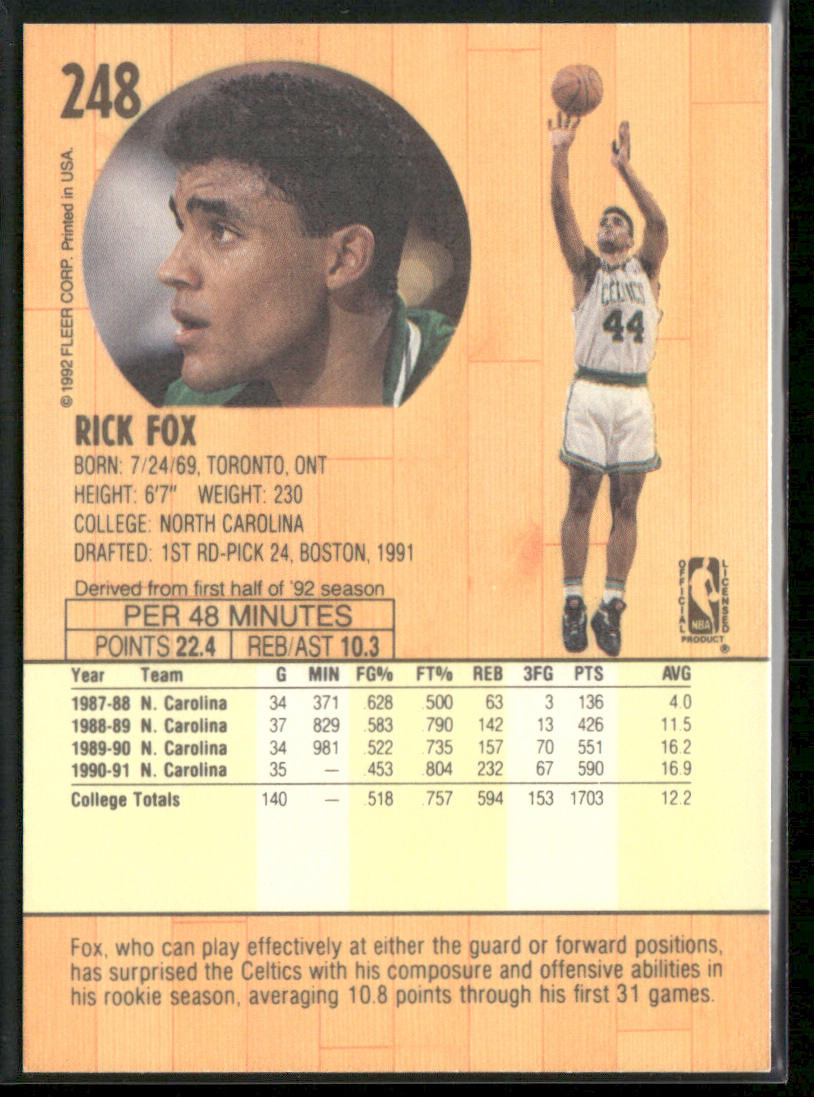 Rick Fox 1991-92 Fleer #248 RC Boston Celtics