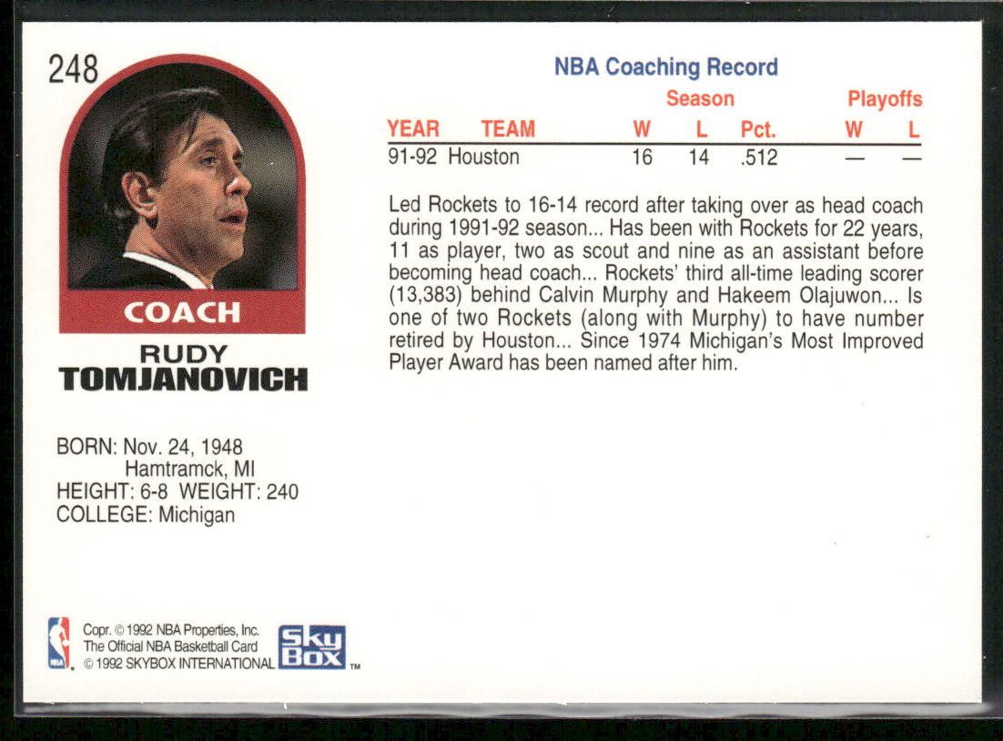 Rudy Tomjanovich 1992-93 Hoops #248 Houston Rockets