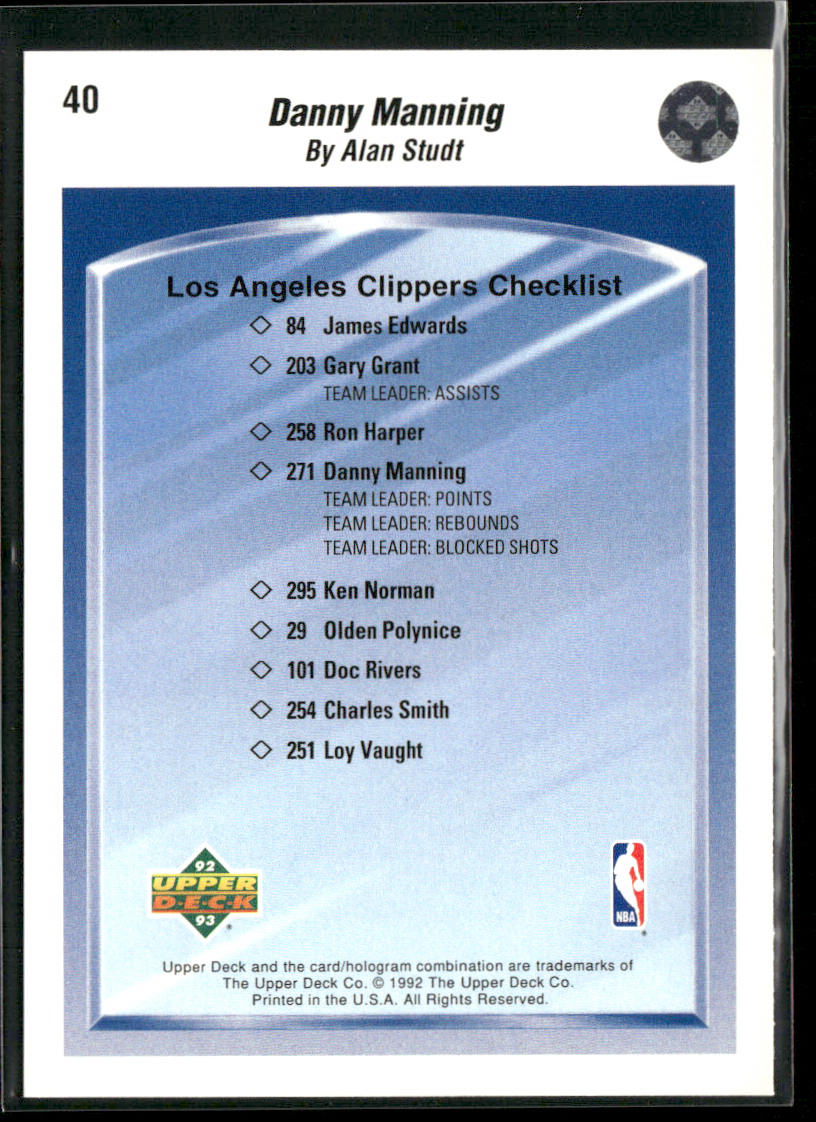 Danny Manning 1992-93 Upper Deck #40b Los Angeles Clippers