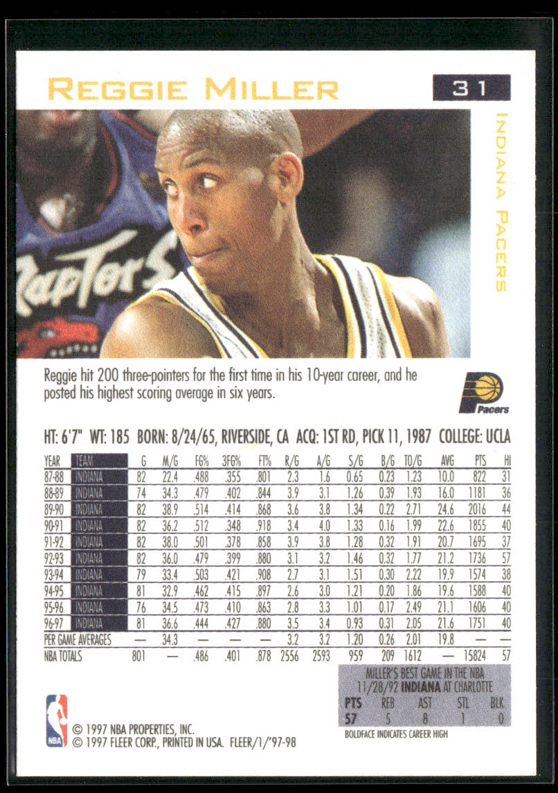 Reggie Miller 1997-98 Fleer #31 Indiana Pacers