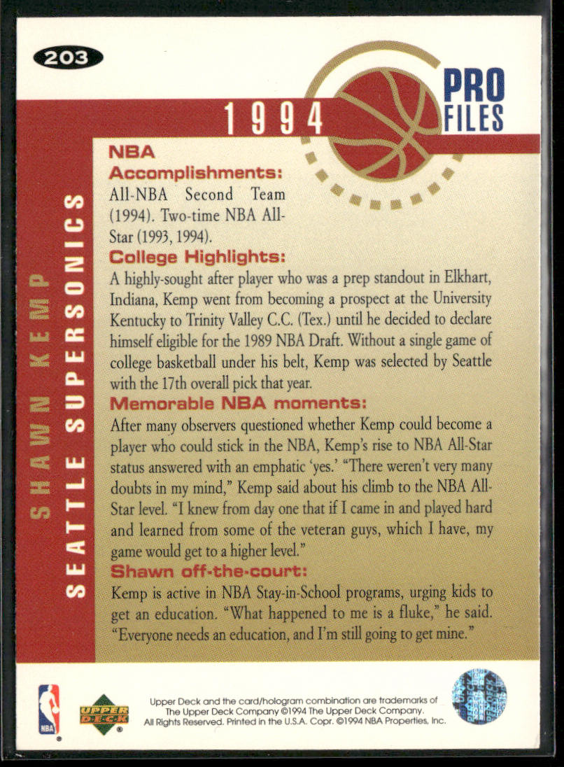 Shawn Kemp 1994-95 Collector's Choice #203 Seattle SuperSonics