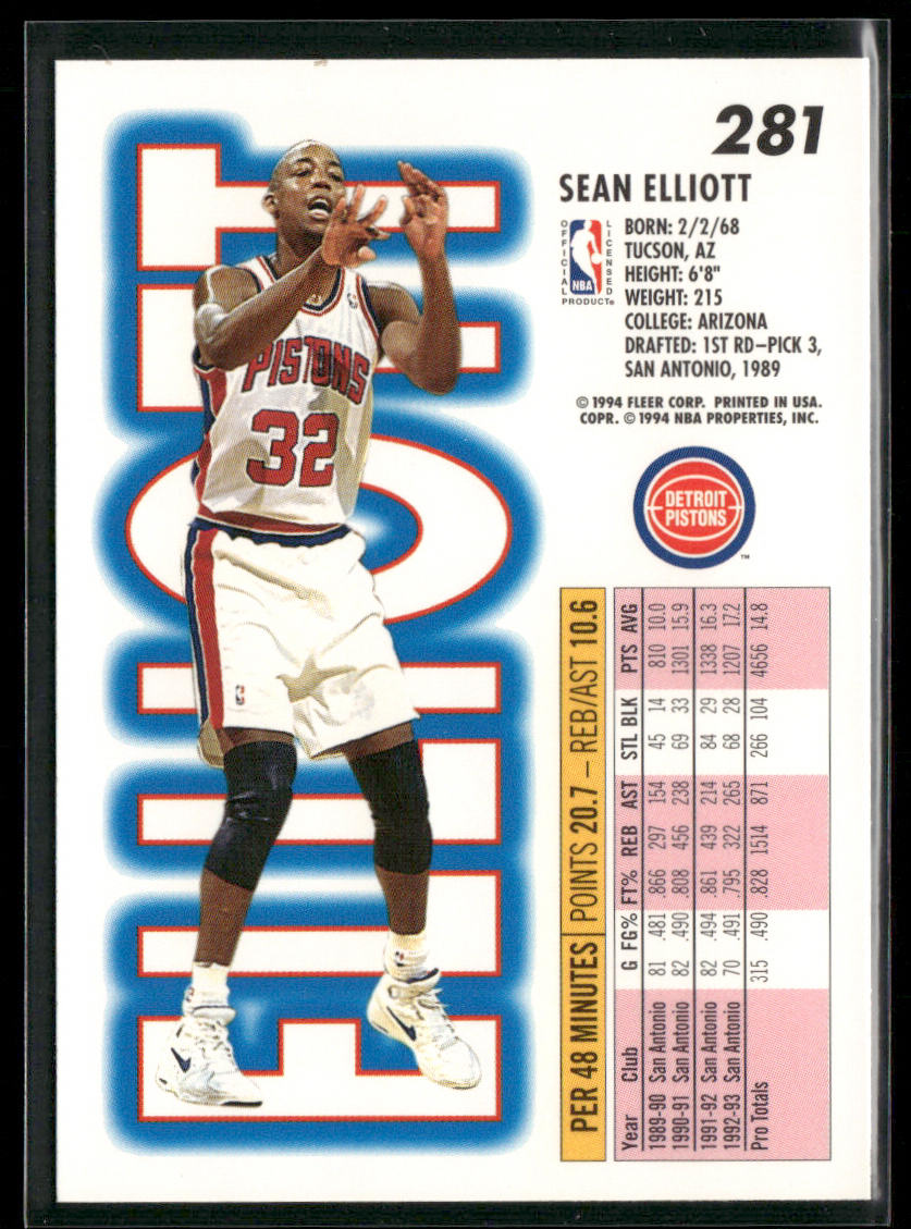 Sean Elliott 1993-94 Fleer #281 Detroit Pistons