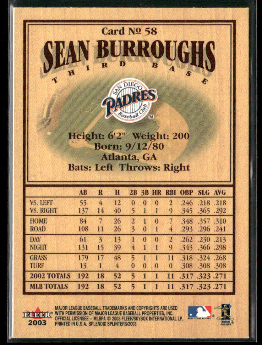 Sean Burroughs 2003 Fleer Splendid Splinters #58 San Diego Padres