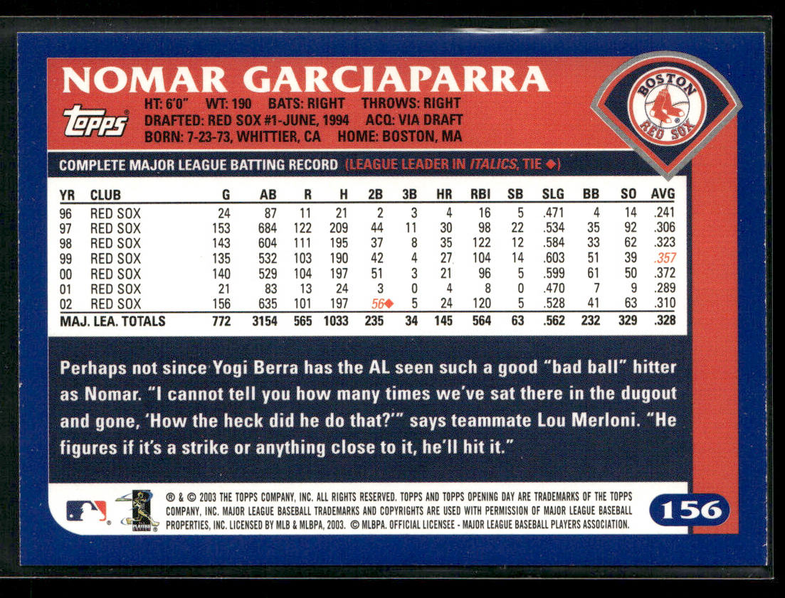 Nomar Garciaparra 2003 Topps Opening Day #156 Boston Red Sox