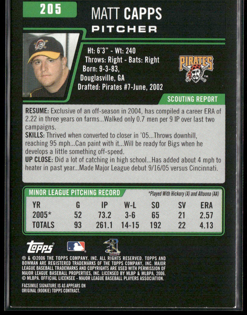 Matt Capps 2006 Bowman #205 Pittsburgh Pirates