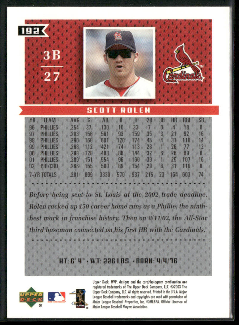 Scott Rolen 2003 Upper Deck MVP #192 St. Louis Cardinals