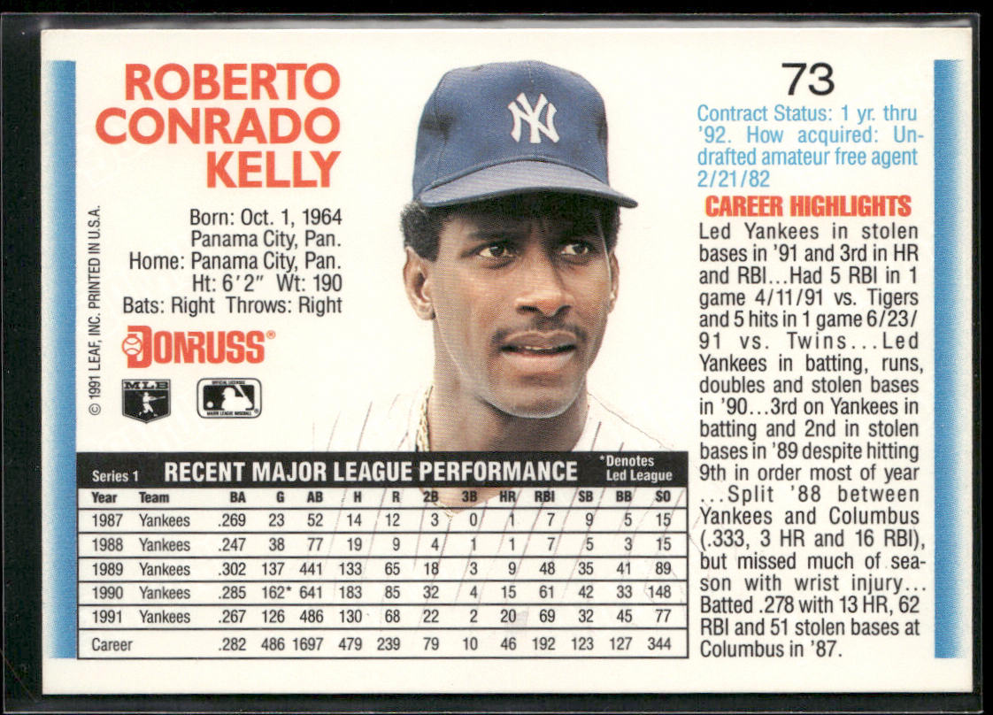 Roberto Kelly 1992 Donruss #73b New York Yankees