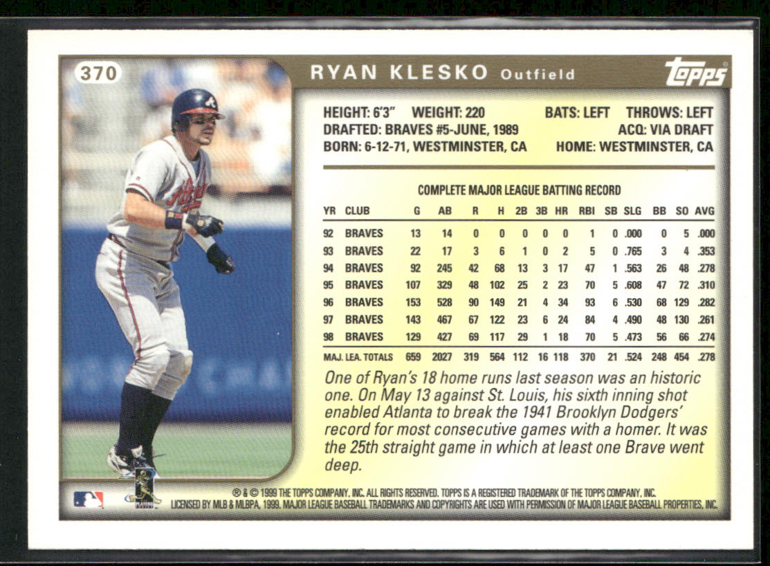 Ryan Klesko 1999 Topps #370 Atlanta Braves
