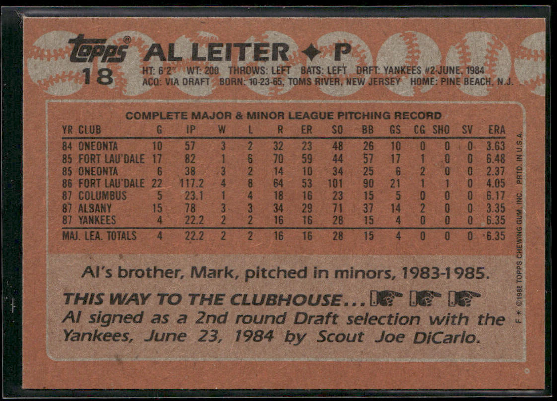 Al Leiter 1988 Topps #18a RC New York Yankees