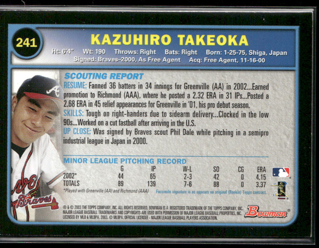 Kazuhiro Takeoka 2003 Bowman Gold #241 RC Atlanta Braves