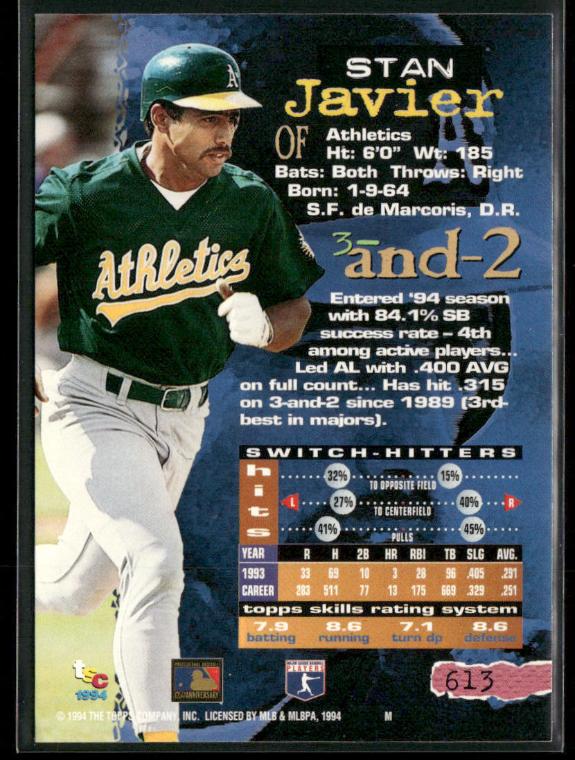 Stan Javier 1994 Stadium Club #613 Oakland Athletics