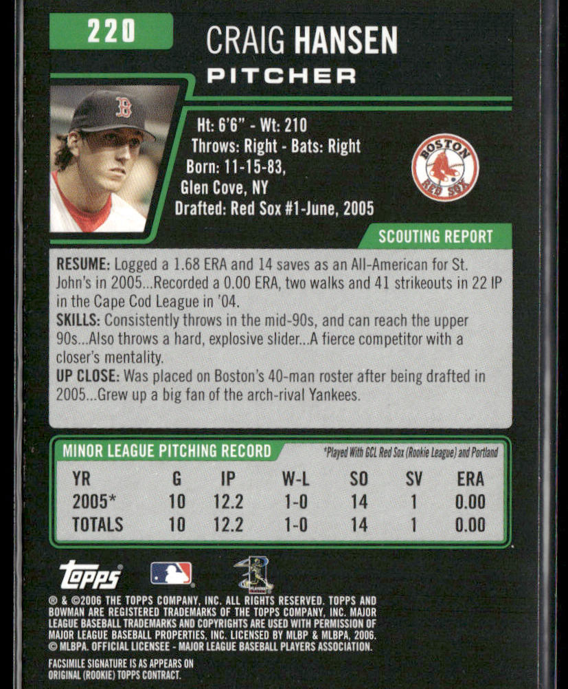 Craig Hansen 2006 Bowman #220 RC Boston Red Sox