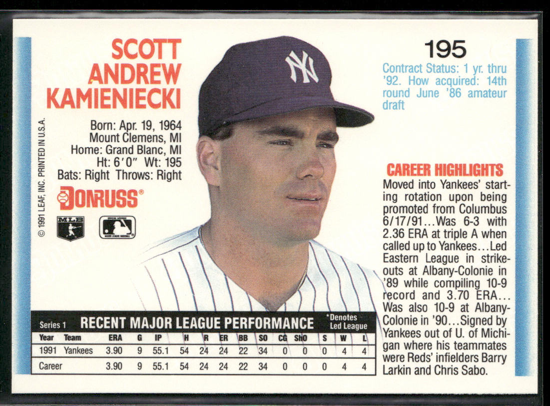 Scott Kamieniecki 1992 Donruss #195b New York Yankees