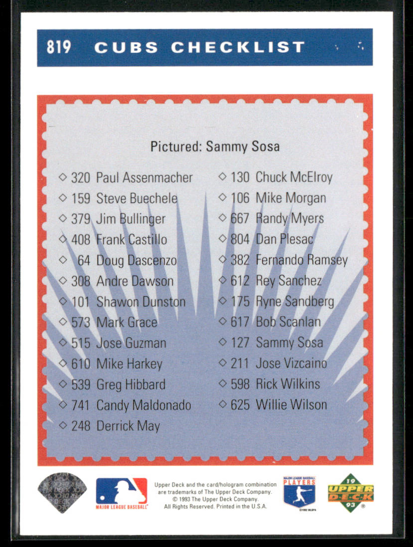 Sammy Sosa 1993 Upper Deck #819 Chicago Cubs
