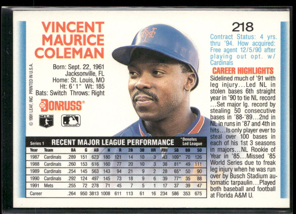 Vince Coleman 1992 Donruss #218 New York Mets back