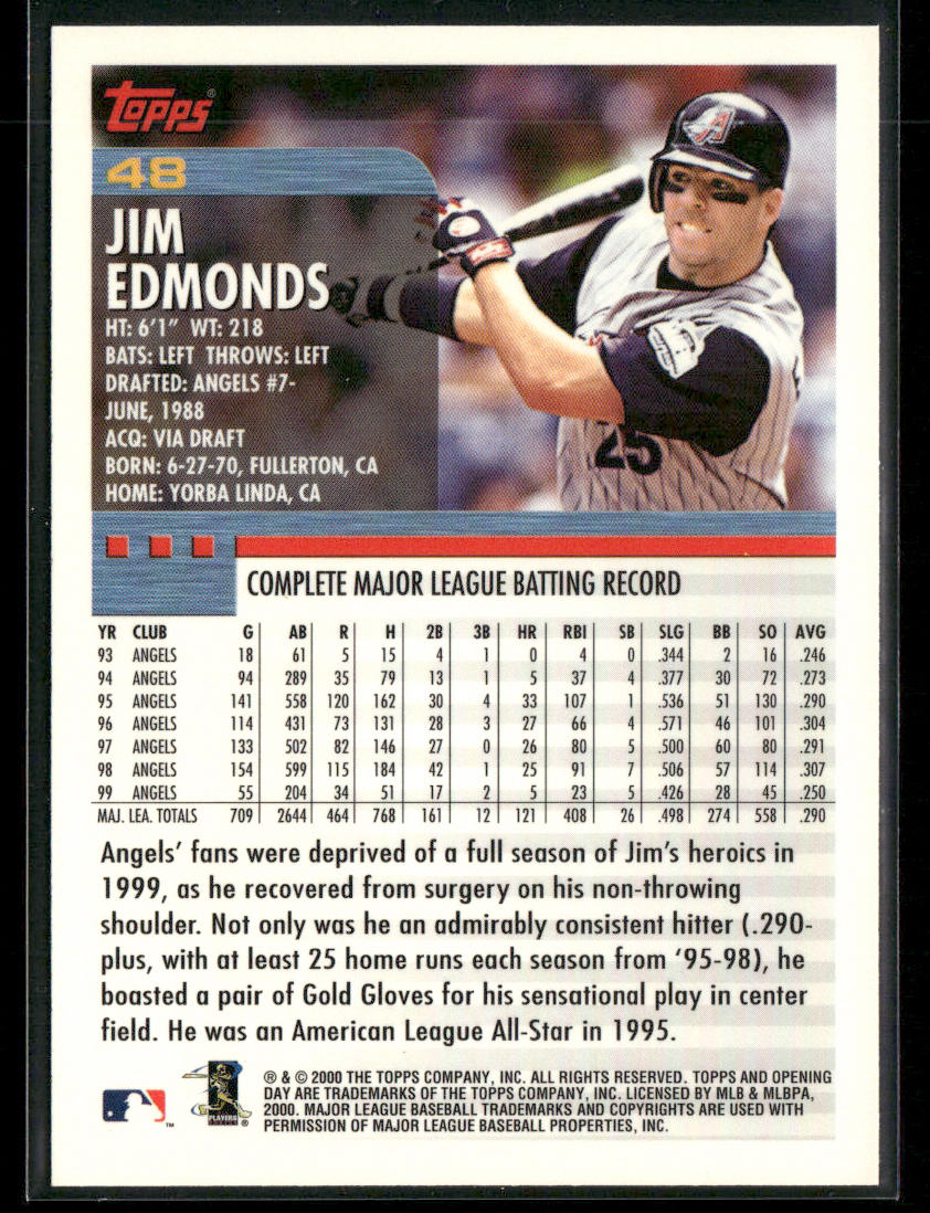 Jim Edmonds 2000 Topps Opening Day #48 Anaheim Angels back