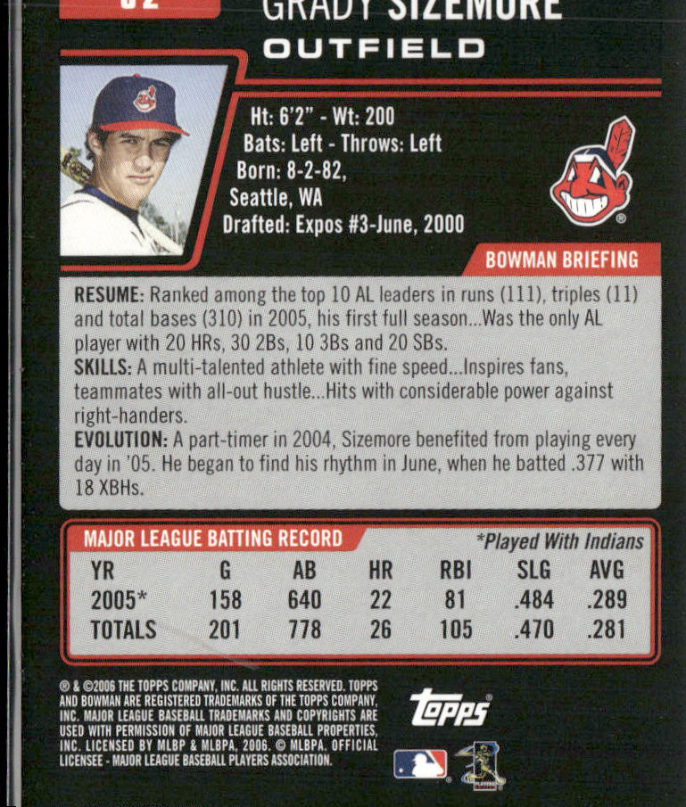 Grady Sizemore 2006 Bowman #52 Cleveland Indians