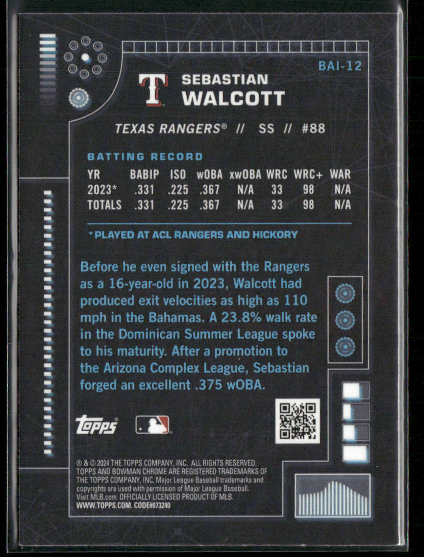 Sebastian Walcott 2024 Bowman Bowman A.I. #BAI-12 Texas Rangers