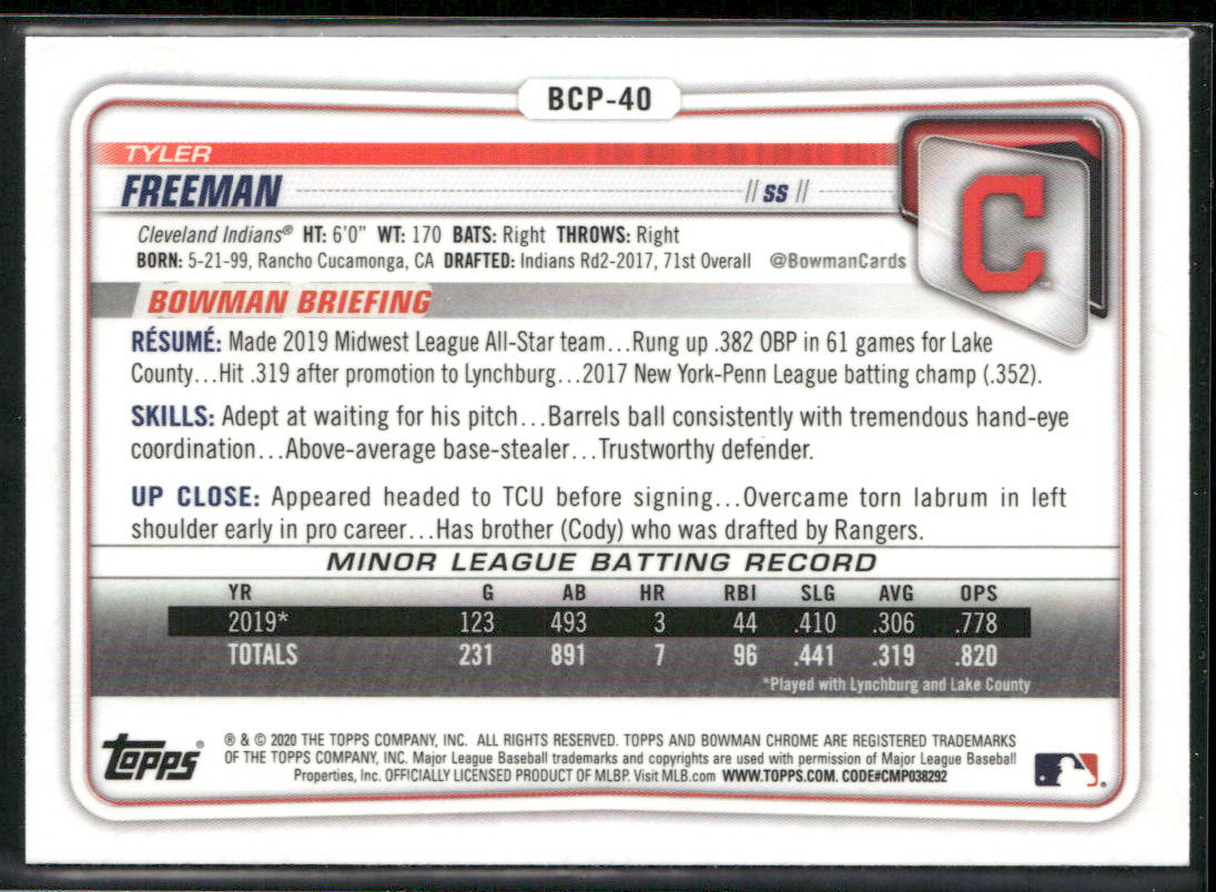 Tyler Freeman 2020 Bowman Chrome Prospects #BCP-40 Cleveland Indians