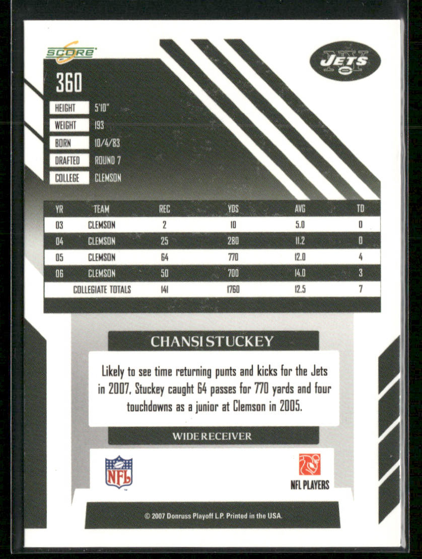 Chansi Stuckey 2007 Score Atomic #360 RC New York Jets