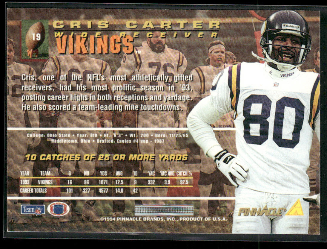 Cris Carter 1994 Pinnacle #19 Minnesota Vikings back