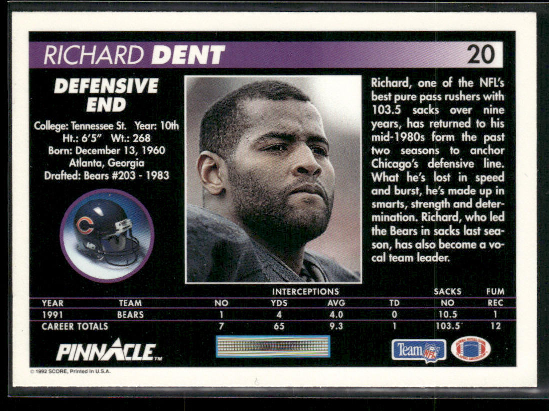 Richard Dent 1992 Pinnacle #20 Chicago Bears