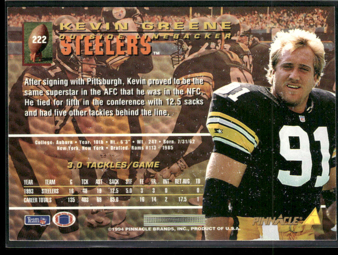 Kevin Greene 1994 Pinnacle #222 Pittsburgh Steelers back
