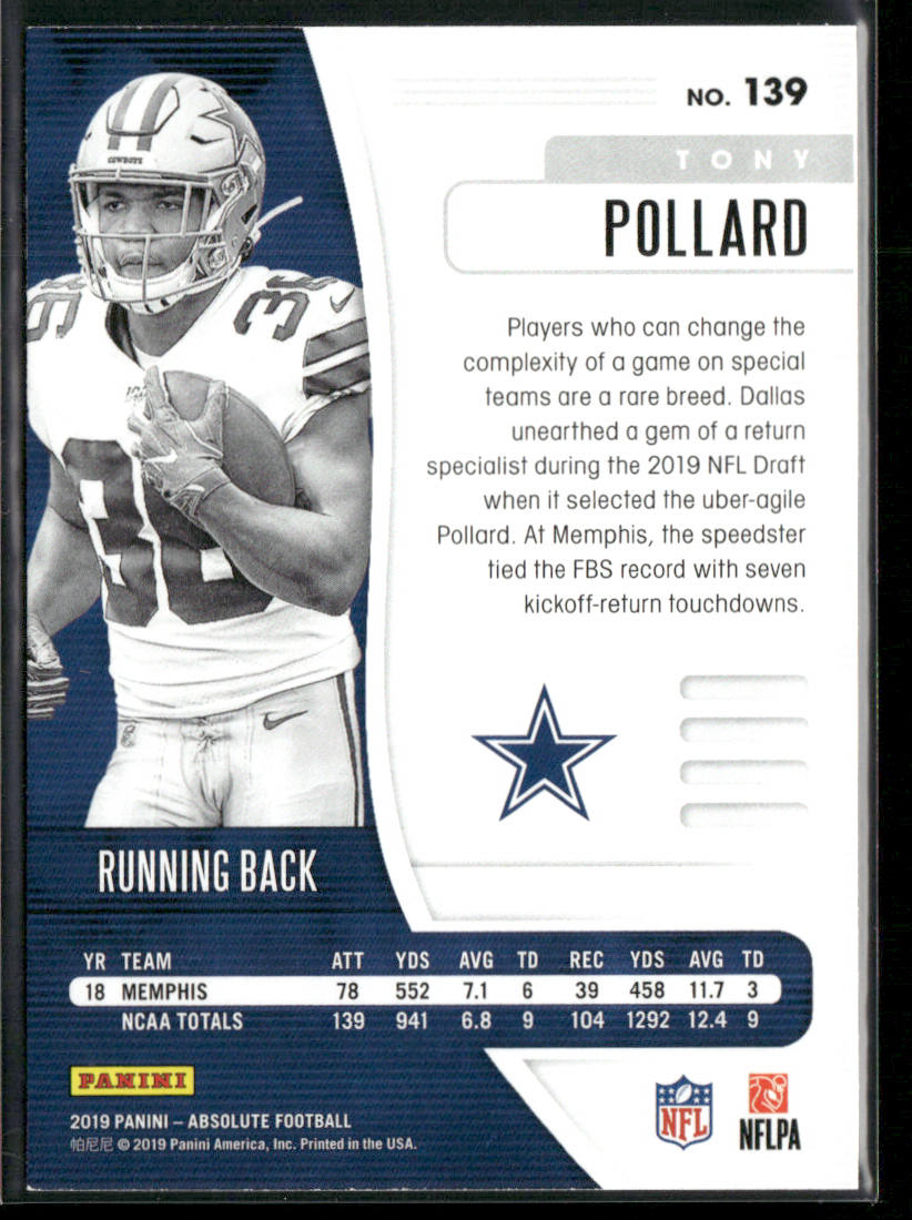 Tony Pollard 2019 Panini Absolute Retail #139 RC Dallas Cowboys